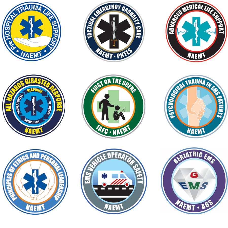 Collection of various emergency medical training program logos including NAEMT and associated organizations.